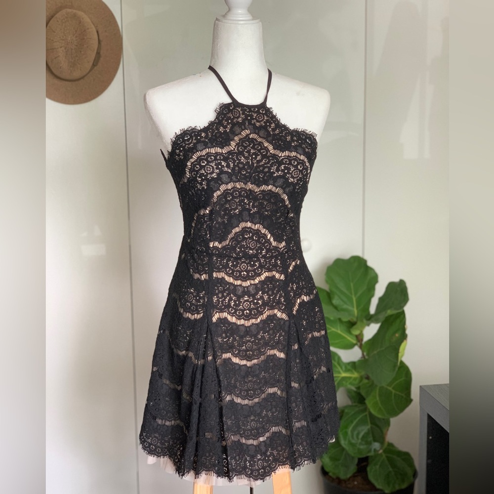 LBD Black and Beige Halter Short Dress